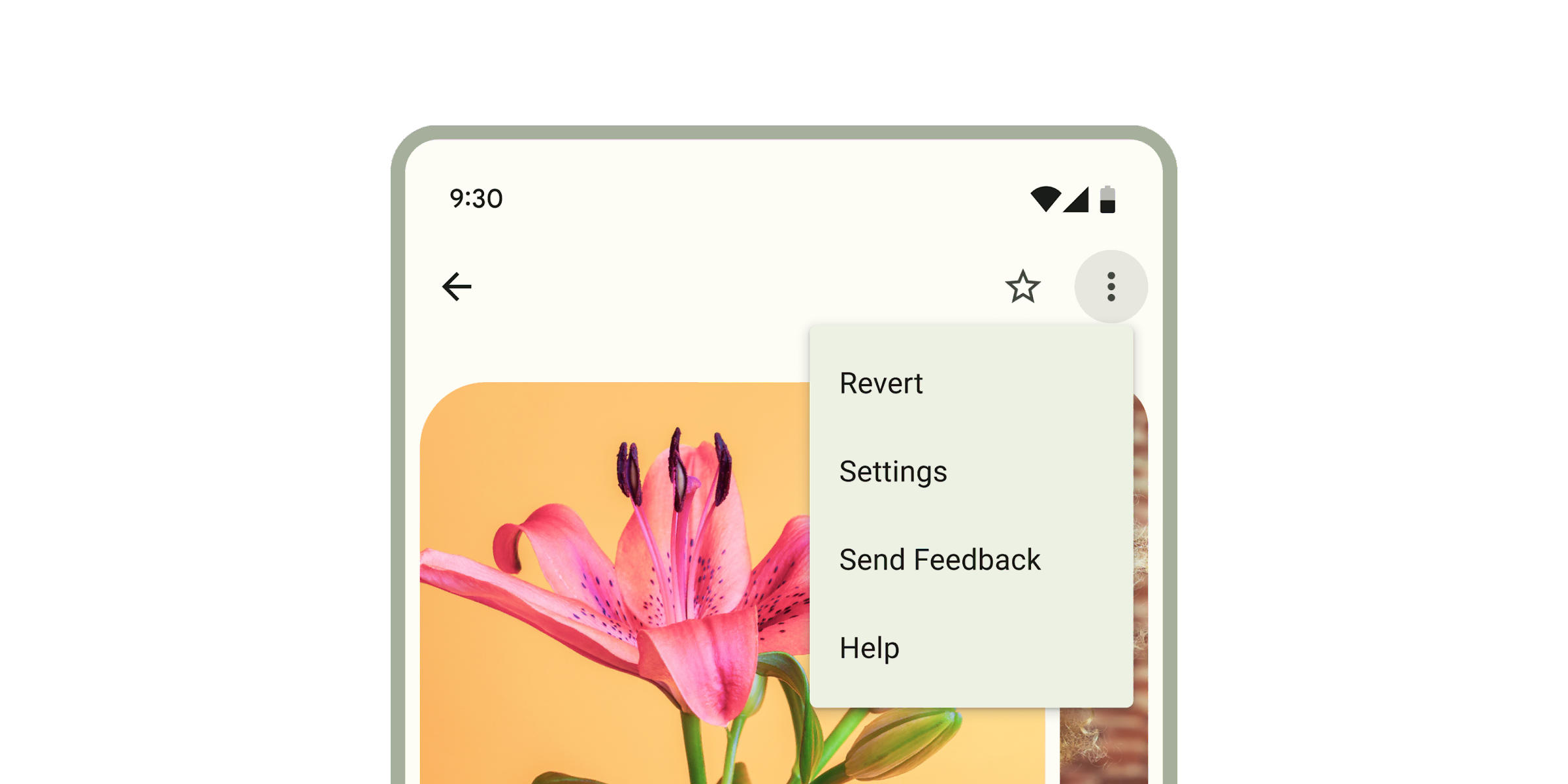 A phone showing a vertical threedot, pressed, icon button and a menu floating below it with the following visible items: Revert, Settings, and Send Feedback