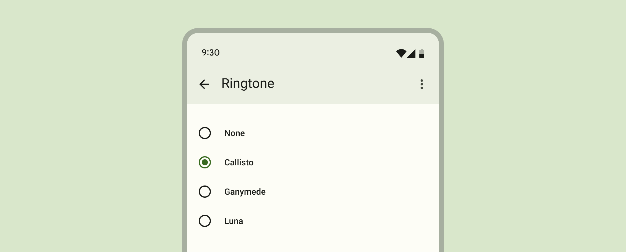 A list of items with radio buttons and one selected.