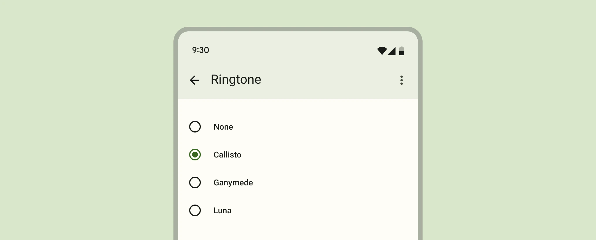 A list of items with radio buttons and one selected.