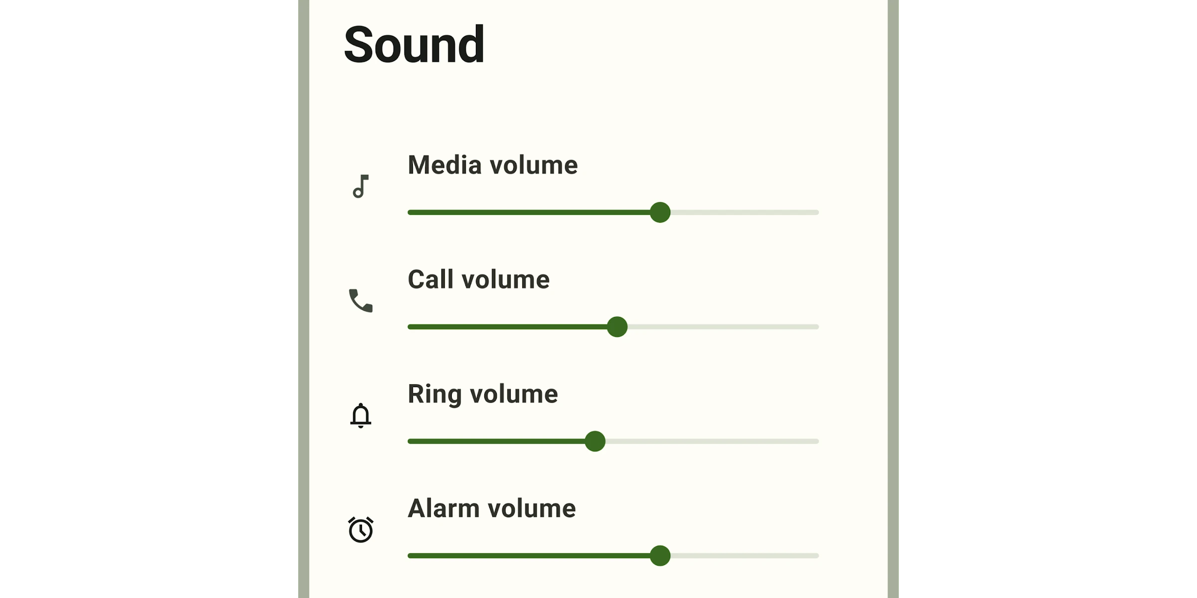 Sound settings screen with sliders labeled 'Media volume', and 'Call volume'.