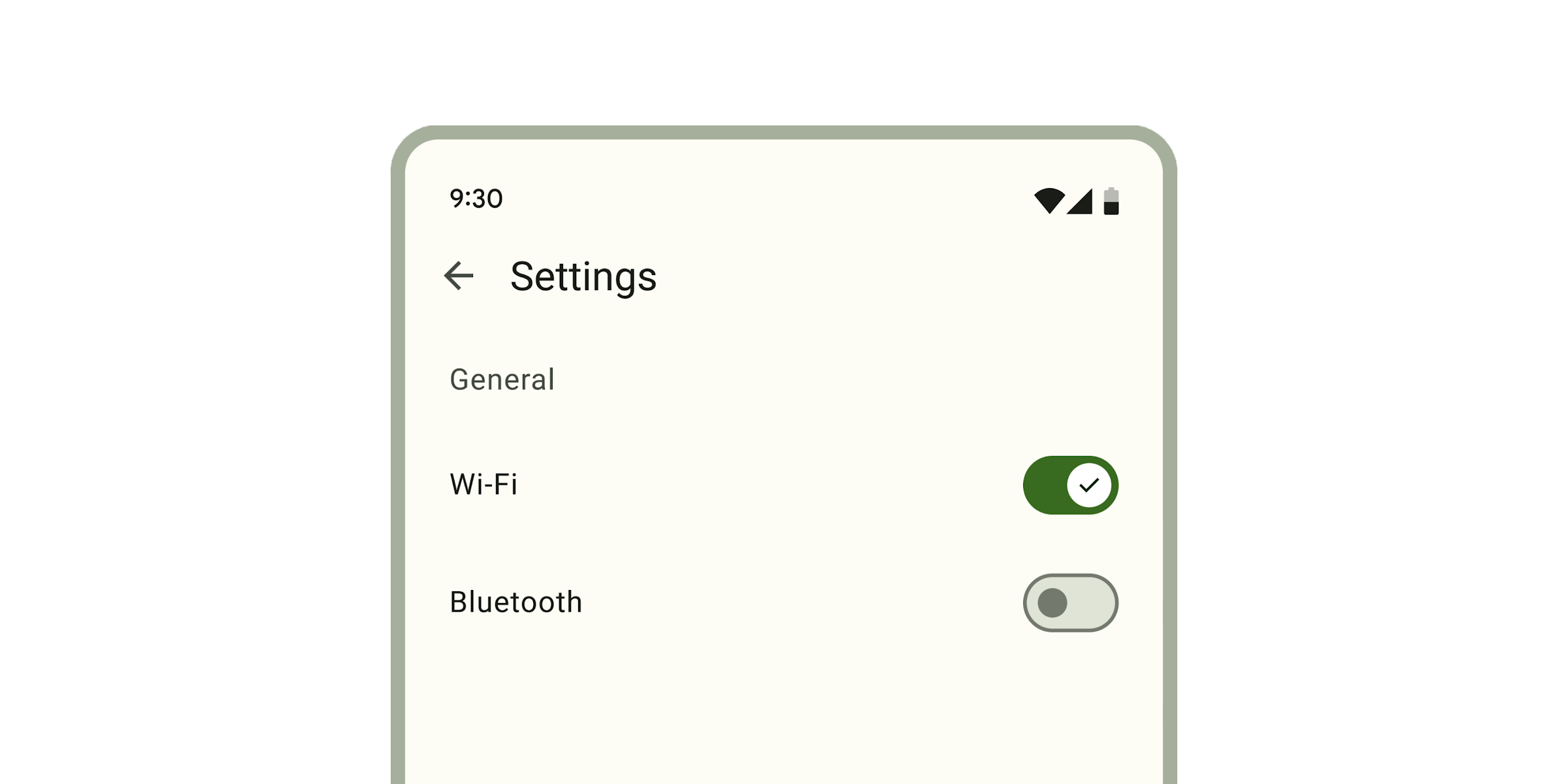 Two switches on a settings page for Wi-Fi and Bluetooth. The first is on and the second is off.