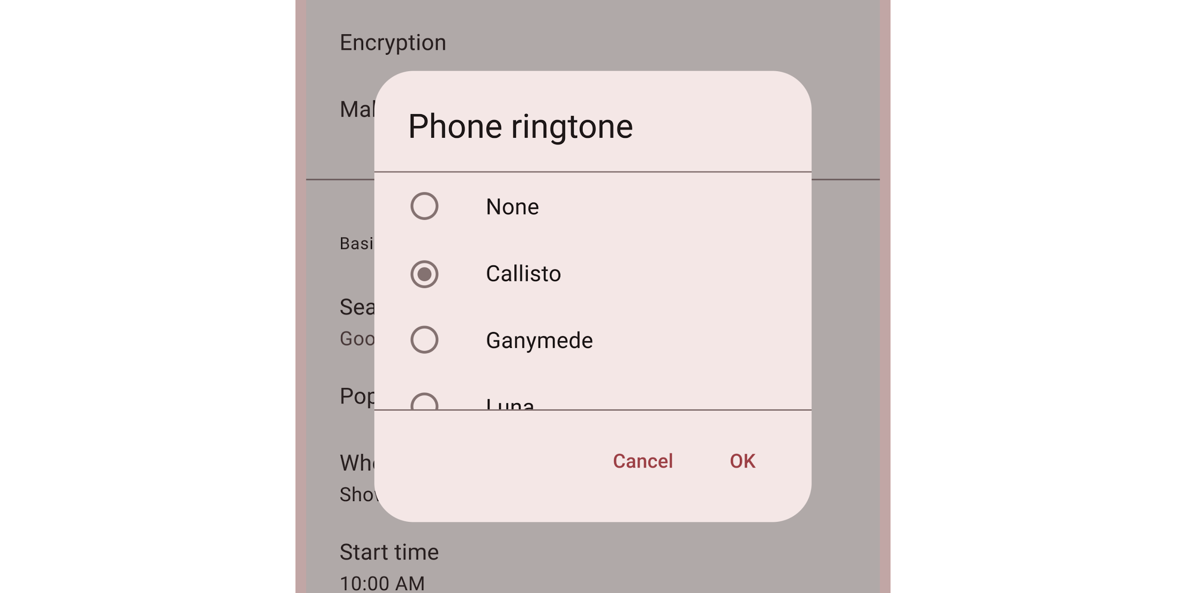 A dialog displaying phone ringtone options.